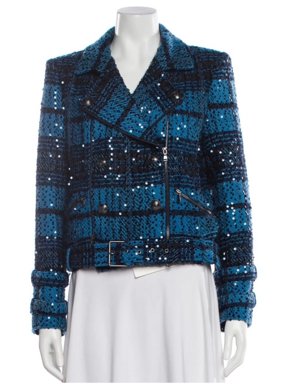 L'Agence 'Billie' Sequin-Embellished Plaid Tweed Jacket, Cobalt Blue/Black XS